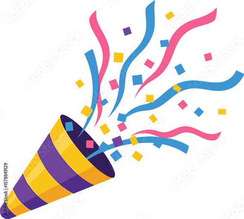 A party popper with purple and yellow stripes shooting confetti out of it
