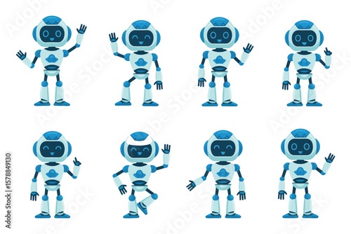 Robot vector character set in various poses, animated robot icons for tech, AI, gaming, and futuristic design projects

