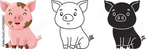Cute pig cartoon vector illustration coloring page for kids animal farm drawing funny piglet design character