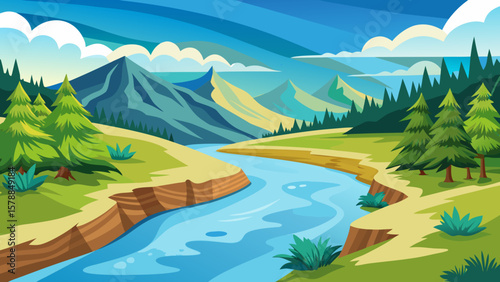 Vibrant cartoon landscape with a winding river and majestic mountains