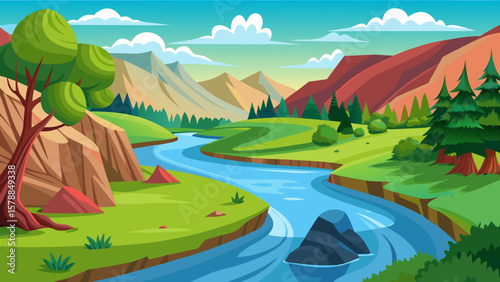 Vibrant cartoon landscape with a winding river and majestic mountains under a blue sky