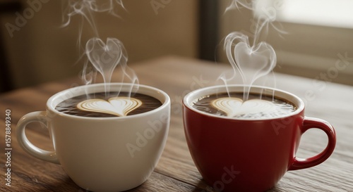 温かいコーヒー二杯 心形ラテアート 優しい光 幸せな時間. AI Generated