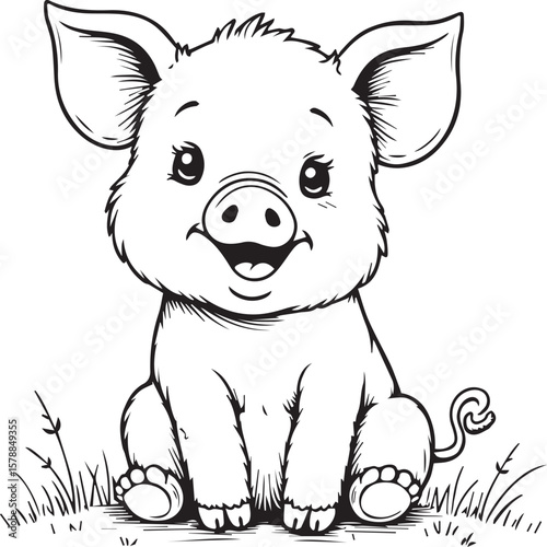 Happy Little Piglet: An adorable cartoon piglet sits happily in the grass, radiating cuteness and joy. Perfect for children's books, greeting cards, and more.
