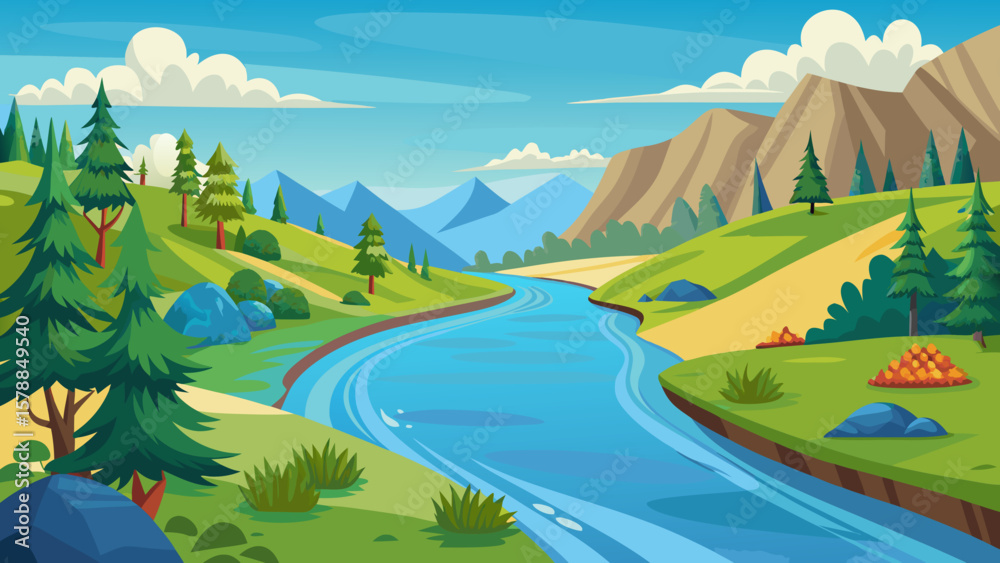 Fototapeta premium Scenic mountain landscape with a winding blue river and green trees