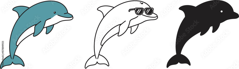 Naklejka premium Dolphin cartoon vector illustration set cute dolphin drawing sea animal ocean life marine mammal graphic art