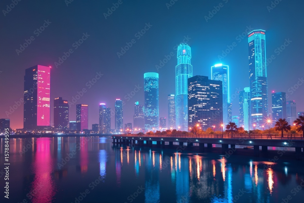 Naklejka premium Neon-Lit Cityscape with a Futuristic Holographic Skyline