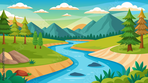 Vibrant cartoon landscape with a winding river flowing through green hills and mountains