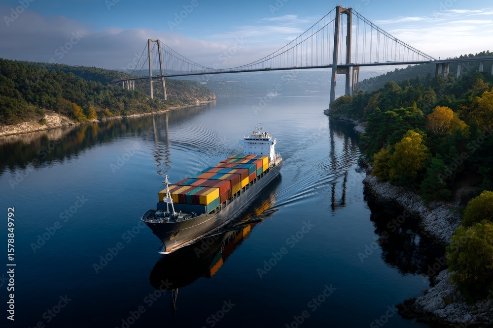 Fototapeta premium Giant Container Ship Passing Under Massive Suspension Bridge