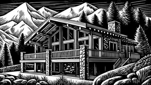 Mountain chalet style villa with exposed beams, stone walls, and large balcony facing alpine peaks, illustrated in black and white line art perfect for travel, winter, and luxury home visual