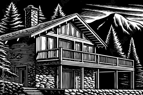 Mountain chalet style villa with exposed beams, stone walls, and large balcony facing alpine peaks, illustrated in black and white line art perfect for travel, winter, and luxury home visual