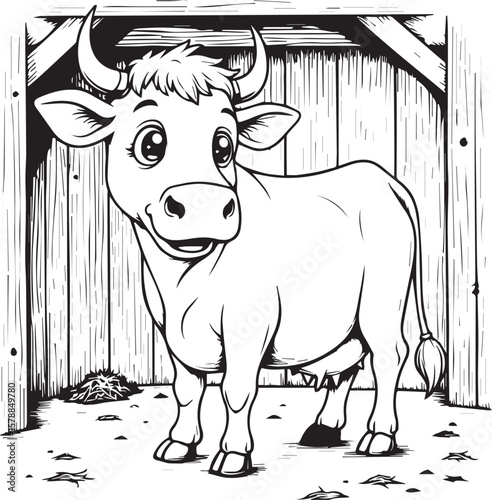 Charming Cow's Day Out: An adorable illustration of a cartoon cow, exuding a cheerful demeanor as it stands in a barn. Capturing the essence of farm life and the simplicity of rural scenes.