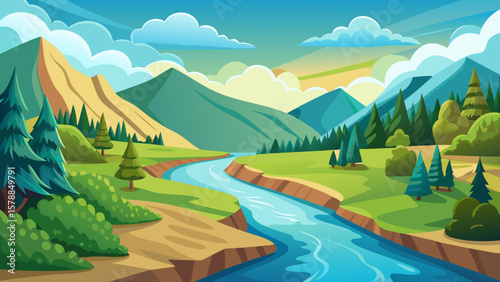 Scenic mountain valley with a winding river and lush green trees under a bright sky