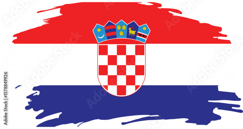 flag of croatia with red white and blue stripes featuring coat of arms and crown shields in brushstroke texture