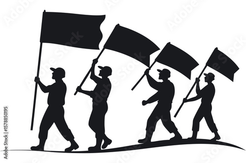 Silhouette of Factory Workers Holding Banners and Flags on White Background

