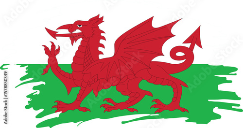 flag of wales featuring red dragon on white and green background in brushstroke texture symbolizing national pride