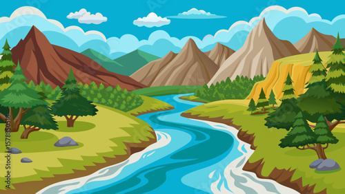 Vibrant cartoon landscape with winding river and majestic mountains under a cloudy sky