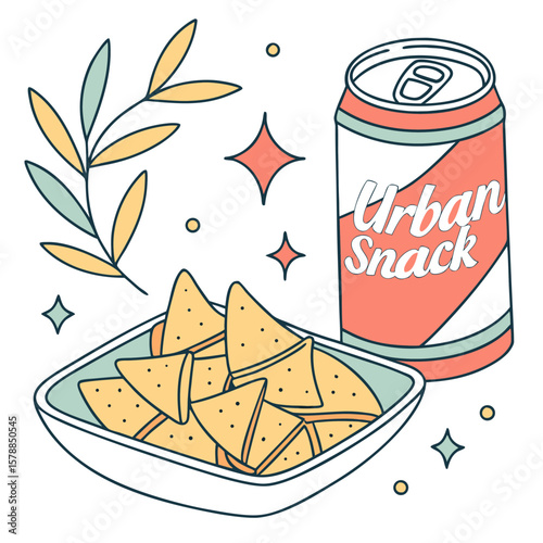 Illustration of a bowl of tortilla chips next to a can of urban snack with leaves and stars around it