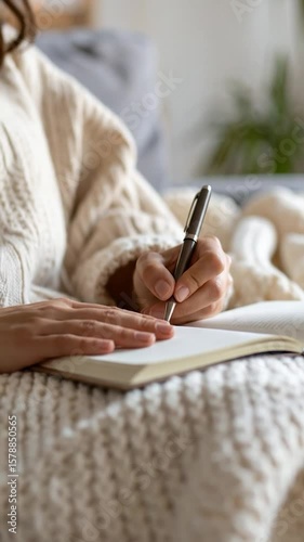 Person writing in a notebook with a pen, draped in a cozy blanket