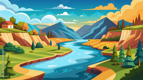 Vibrant cartoon landscape with a winding river and majestic mountains under a colorful sky