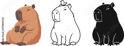 Cute capybara illustration set with bird, outline and silhouette for kids and animal lovers design
