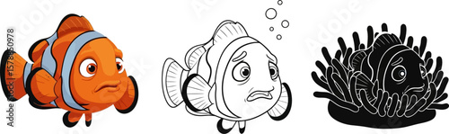 Sad clownfish cartoon vector illustration in color line art and silhouette style for kids design 100 char