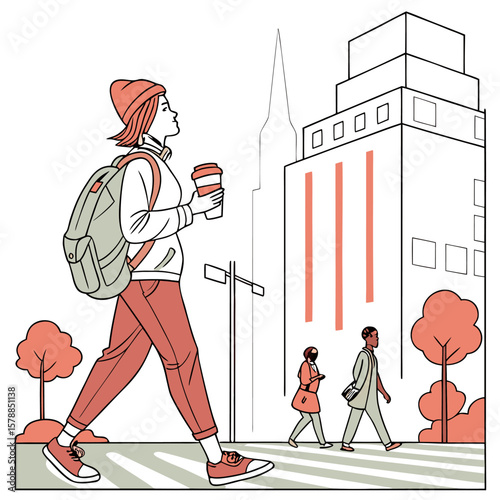 Person with backpack and coffee cup walking in a city with other pedestrians and tall buildings nearby