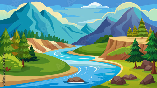 Vibrant cartoon landscape with winding river and majestic mountains under a blue sky