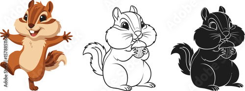 Cute chipmunk cartoon vector illustration set for kids coloring book and design asset with funny animal