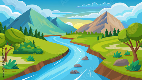 Vibrant cartoon landscape with a winding river flowing through green hills and mountains