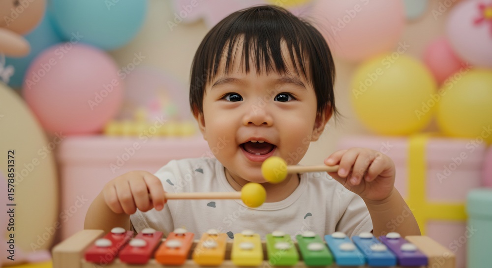 Fototapeta premium 笑顔輝く幼児 楽器演奏 鮮やか色彩 楽しい誕生日パーティー. AI Generated