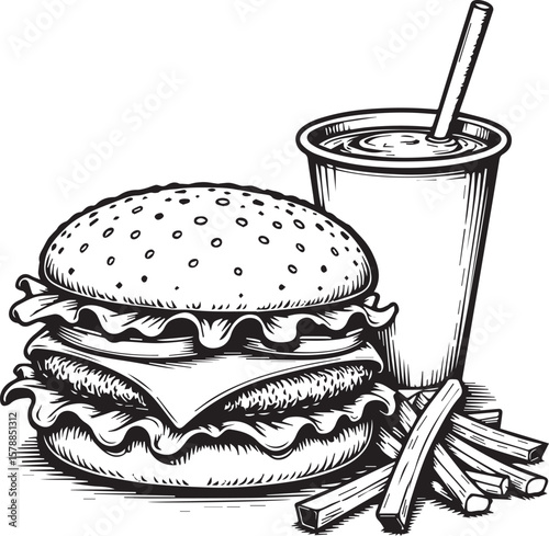 Burger Combo: A captivating monochrome illustration of a delectable burger, fries, and a refreshing beverage, evoking the simple pleasures of a classic meal.