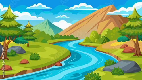 Vibrant cartoon landscape with a winding river and mountains under a blue sky