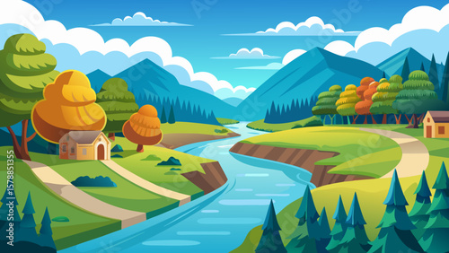 Idyllic mountain valley landscape with winding river and quaint houses