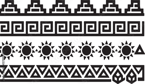 Collection of four distinct black and white geometric tribal border patterns featuring stepped pyramids meander designs sun symbols and triangular motifs