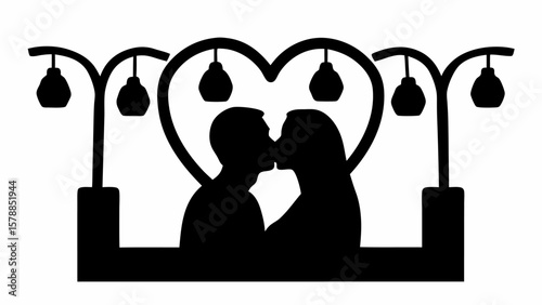 Silhouette of a couple kissing inside a heart shape frame with street lamps on both sides in black and white