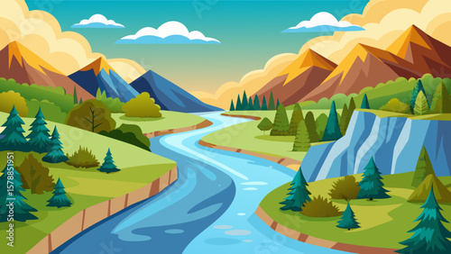 Vibrant cartoon landscape with a winding river and majestic mountains at sunset