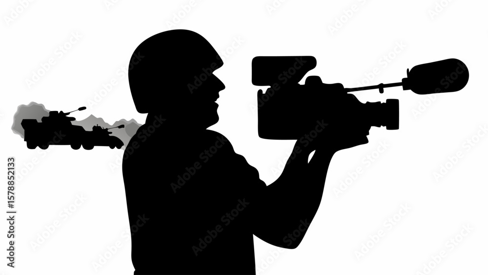 Silhouette of a cameraman filming tanks in the background creating a dramatic and powerful image style