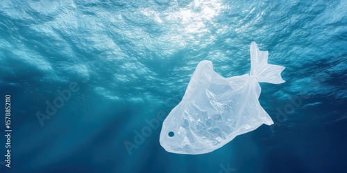 Plastic bag floating in the ocean shaped like a fish surrounded by marine debris and pollution concept of environmental damage ocean plastic waste ecological awareness for conservation design