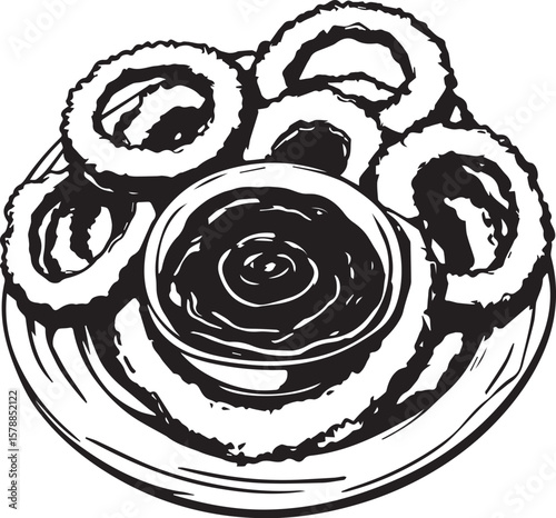 Onion Ring Appetizer: A mouthwatering artistic representation of crispy, golden-brown onion rings arranged around a small bowl of savory dipping sauce, the perfect start to any meal.