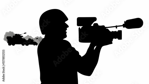 Silhouette of a cameraman filming tanks in the background creating a dramatic and powerful image style