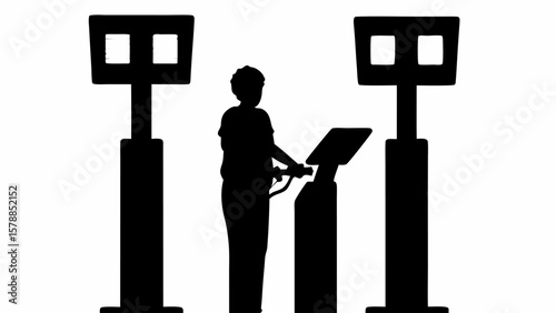 Silhouette of person at gas station pump between two gas station signs in black and white simple design
