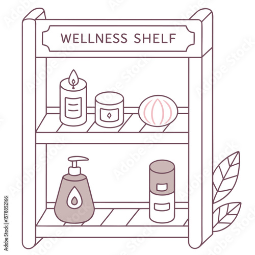 Illustration of a wellness shelf with a candle, jar, bath bomb, soap dispenser, and lotion bottle on it