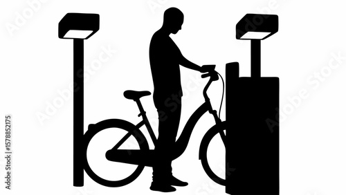Silhouette of person interacting with a bike rental station between two light posts in black and white