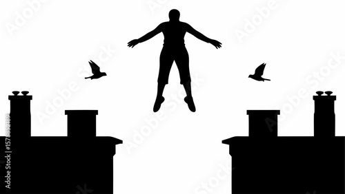 Silhouette of a person jumping between buildings with birds flying in a black and white illustration