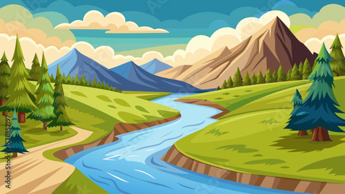 Vibrant cartoon landscape with a winding river and majestic mountains under a cloudy sky