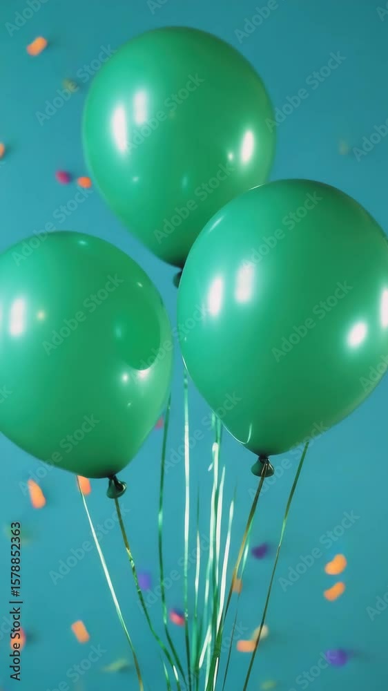 A collection of green balloons tied together, ready to float in the air with their helium fill. This bunch is perfect for a birthday party or any celebratory event.