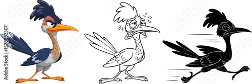 Three roadrunner cartoon character illustrations in color outline and silhouette vector art design