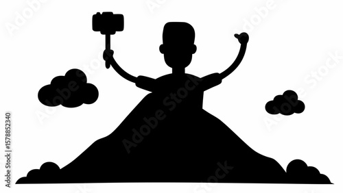 Silhouette of person on mountain peak holding camera with clouds in the background in monochrome style