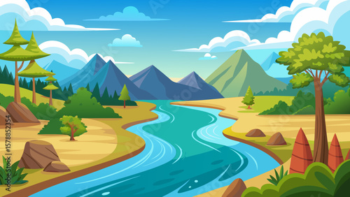 Vibrant cartoon landscape with a winding river and majestic mountains under a blue sky
