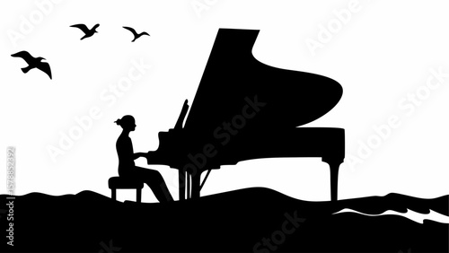 Silhouette of a woman playing piano on a wavy surface with birds flying in the background artistic scene